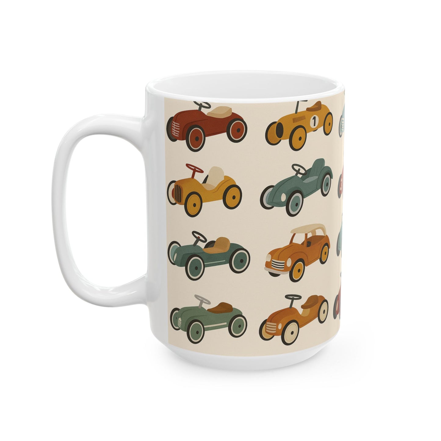 Vintage Race Car Ceramic Mug, Perfect Gift for Car Lovers, Kids' Birthday, Father's Day, Coffee Tea Drinkware, pedal cars