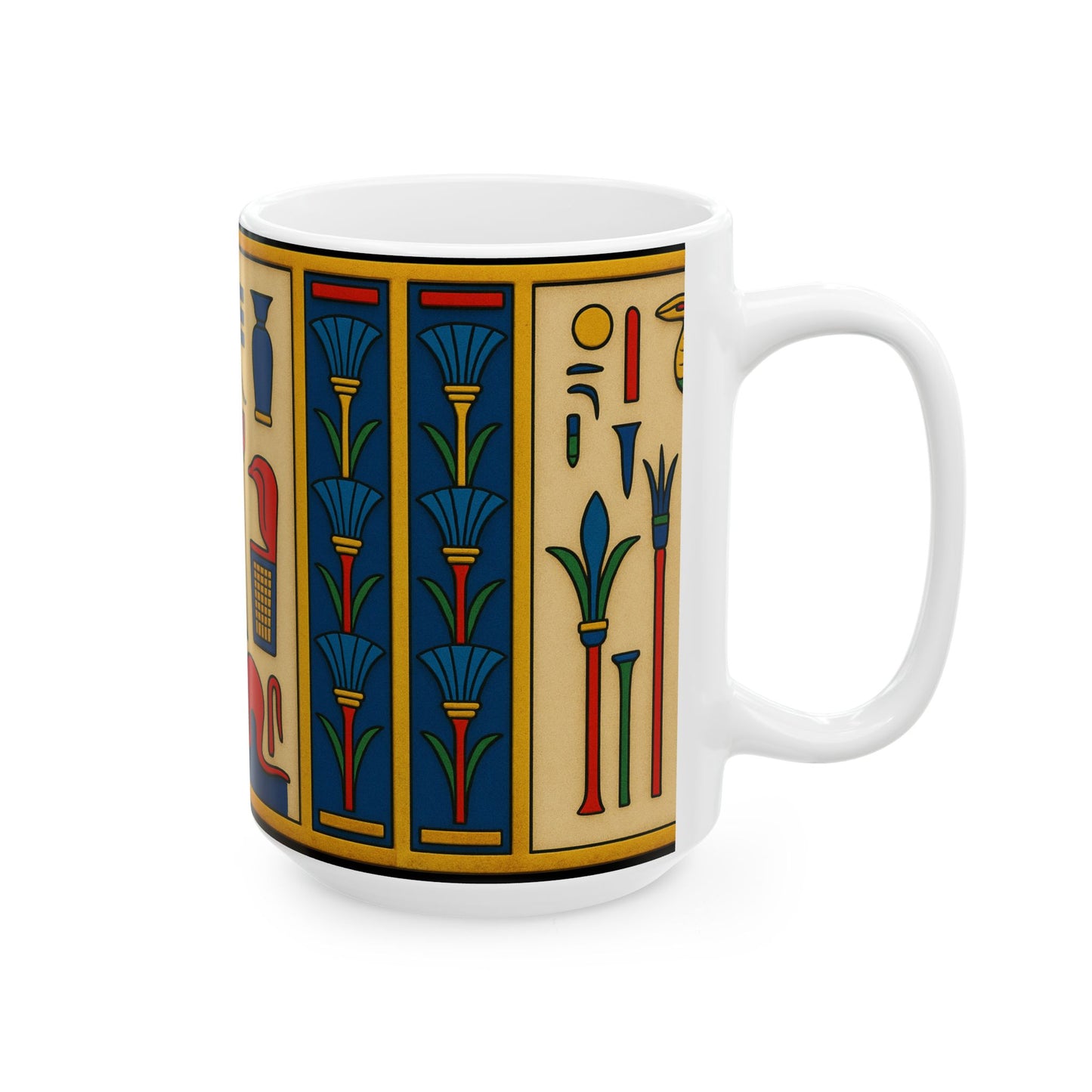 Egyptian Hieroglyphs Ceramic Mug, Colorful Coffee Cup, Artistic Drinkware, Unique Gift, Home Decor, Office Supplies