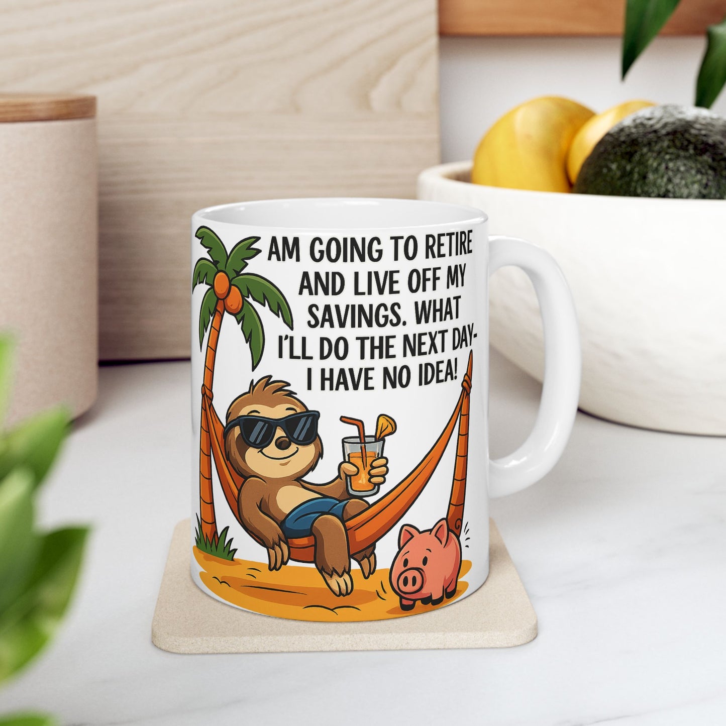 Funny Retirement Ceramic Mug - Sloth and Pig Design for Adults, Gift Idea for Retirement Party, Humor Coffee Cup, Beach Vibes, 11oz or 15oz