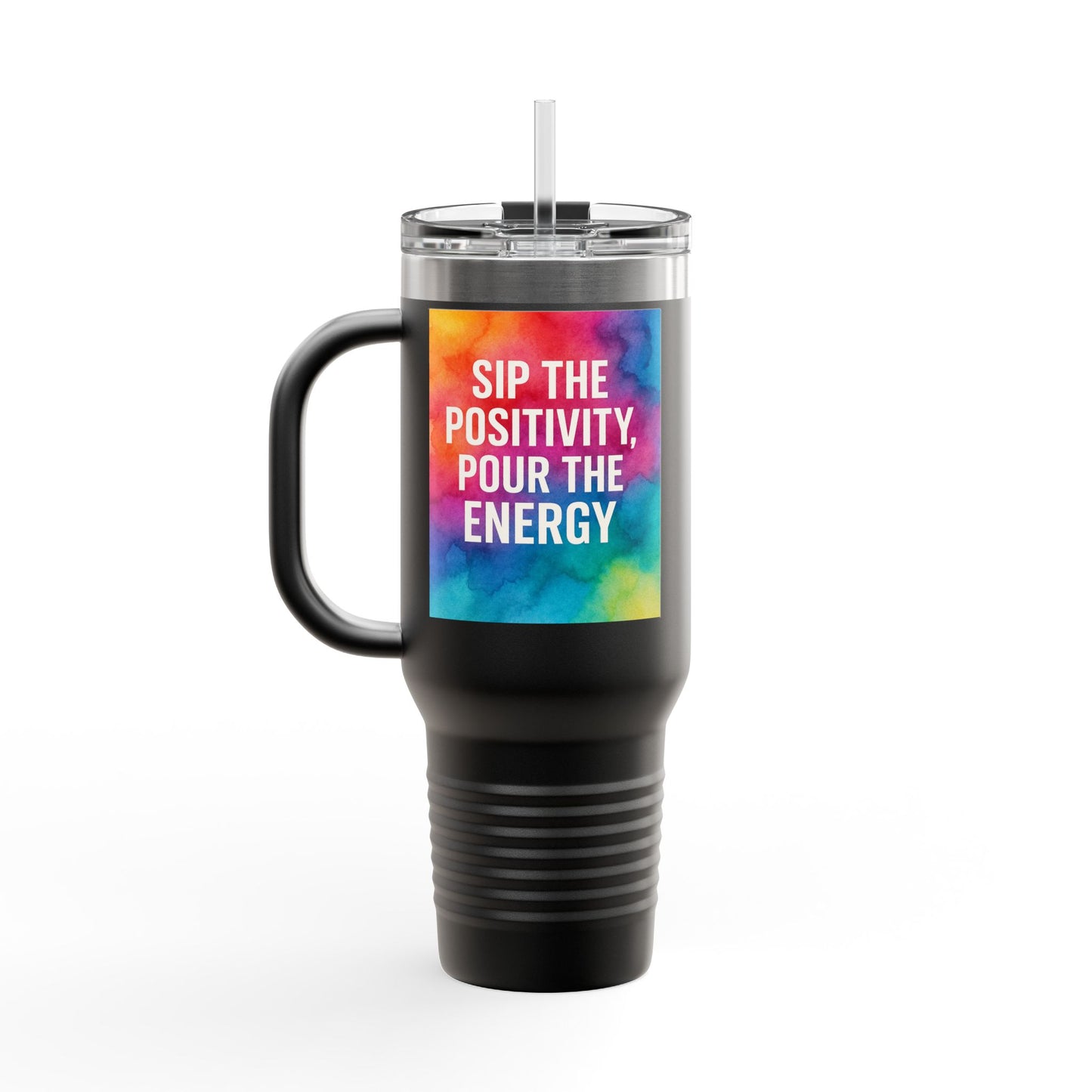 Vibrant Insulated Travel Mug | Sip the Positivity Mug, Hot Beverage Cup, Custom Drink Container, Colorful Tumblers, Travel Coffee Cup