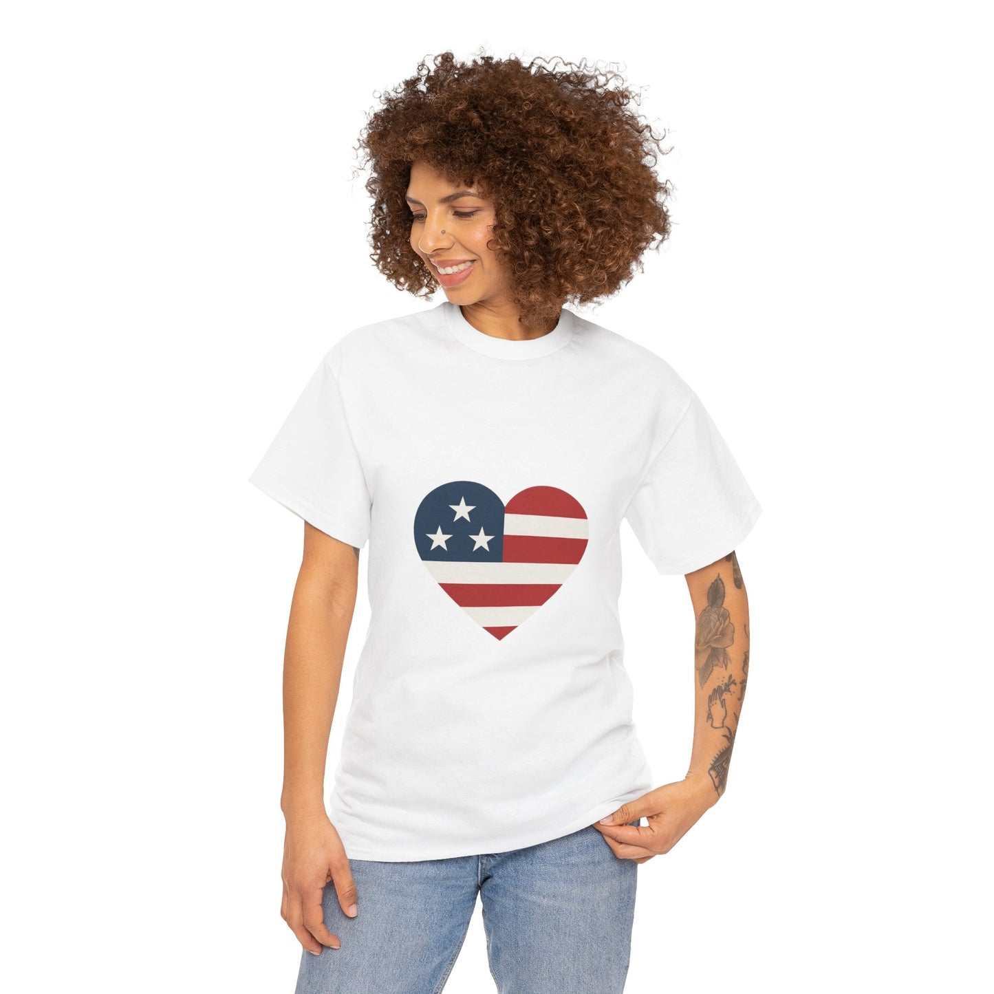 Patriotic Love Heart Tee, Unisex Cotton T-Shirt, American Heart Shirt, Fourth of July Attire, Casual Independence Day Top