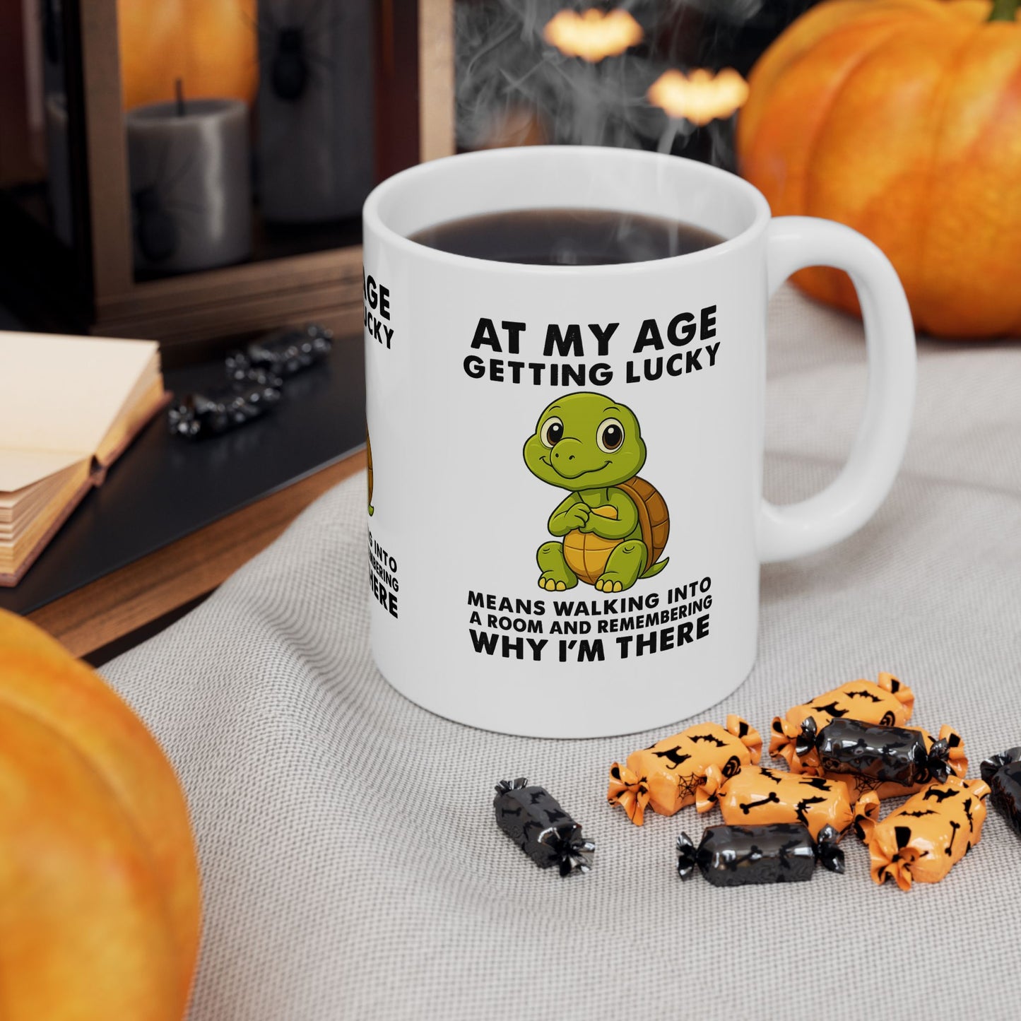 Funny Turtle Mug - Getting Lucky at My Age, Cute Gift for Seniors, Coffee Cup for Birthdays, Fun Home Decor, Humorous Tea Mug